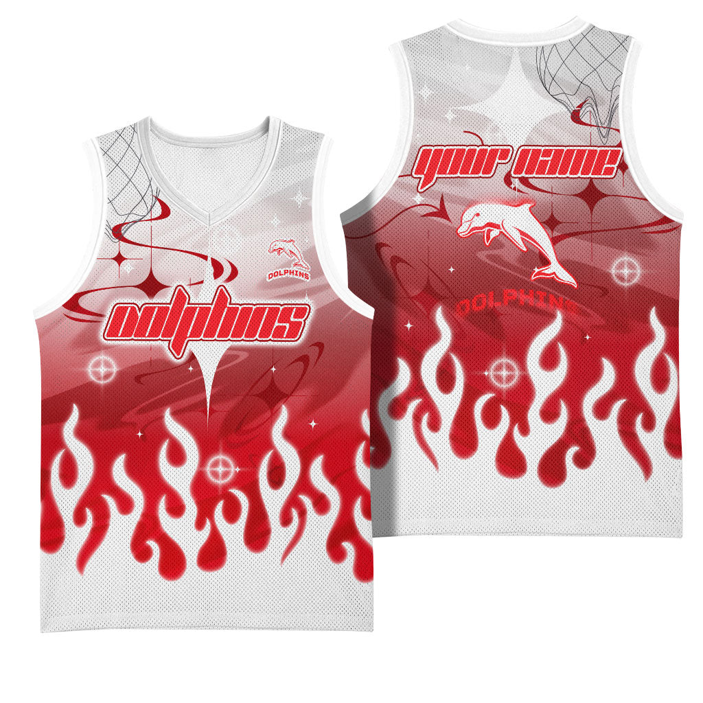 Personalized Dolphins Basketball Jersey Y2K Grunge Aesthetic With Cyber Flames and Starburst Graphics