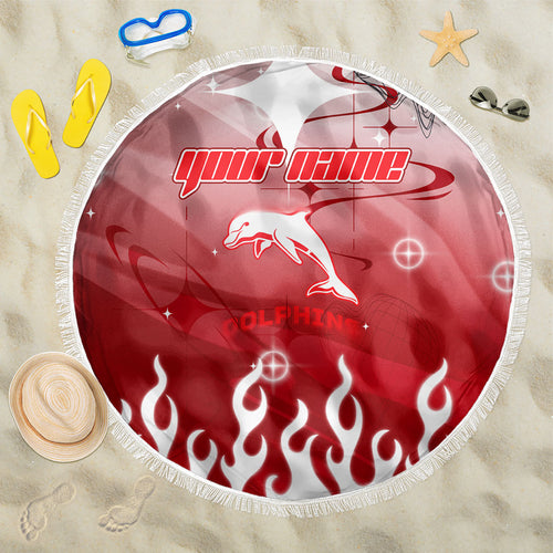 Personalized Dolphins Beach Blanket Y2K Grunge Aesthetic With Cyber Flames and Starburst Graphics