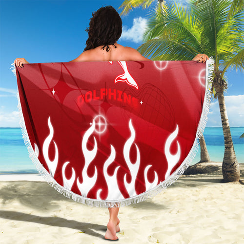 Personalized Dolphins Beach Blanket Y2K Grunge Aesthetic With Cyber Flames and Starburst Graphics
