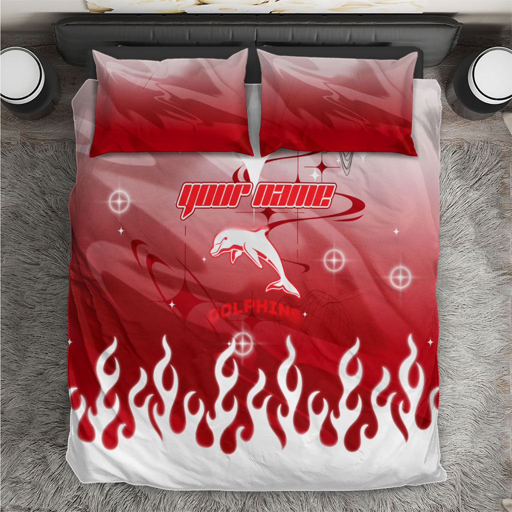 Personalized Dolphins Bedding Set Y2K Grunge Aesthetic With Cyber Flames and Starburst Graphics