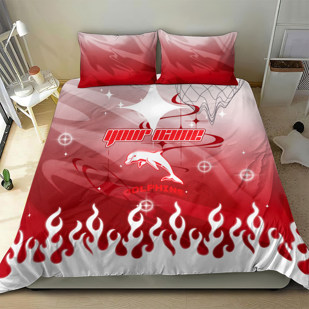 Personalized Dolphins Bedding Set Y2K Grunge Aesthetic With Cyber Flames and Starburst Graphics