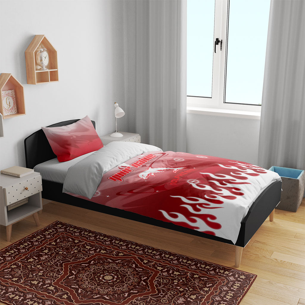 Personalized Dolphins Bedding Set Y2K Grunge Aesthetic With Cyber Flames and Starburst Graphics