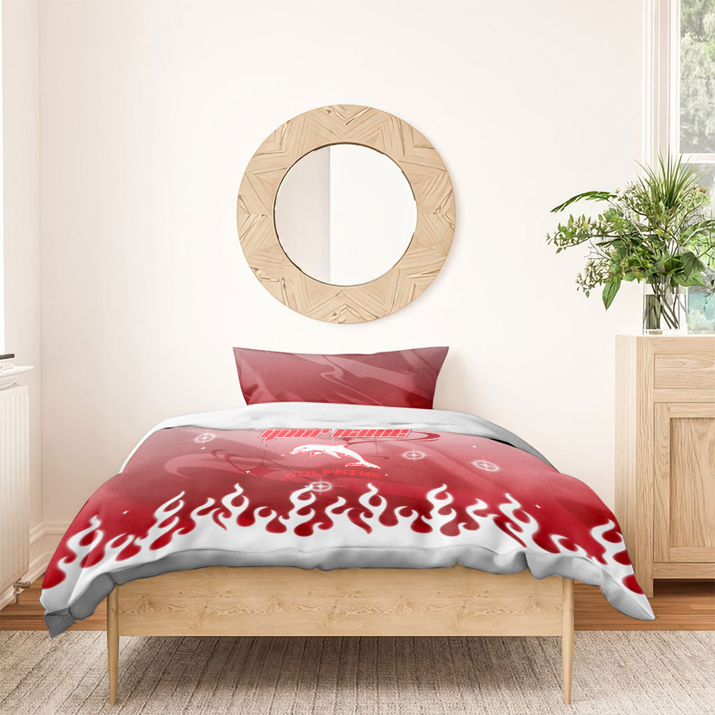 Personalized Dolphins Bedding Set Y2K Grunge Aesthetic With Cyber Flames and Starburst Graphics