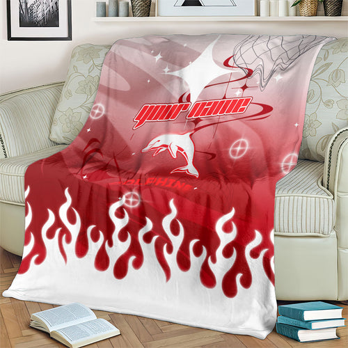 Personalized Dolphins Blanket Y2K Grunge Aesthetic With Cyber Flames and Starburst Graphics