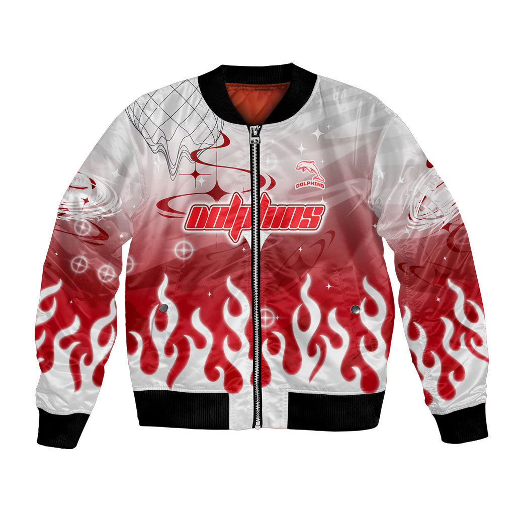 Personalized Dolphins Bomber Jacket Y2K Grunge Aesthetic With Cyber Flames and Starburst Graphics