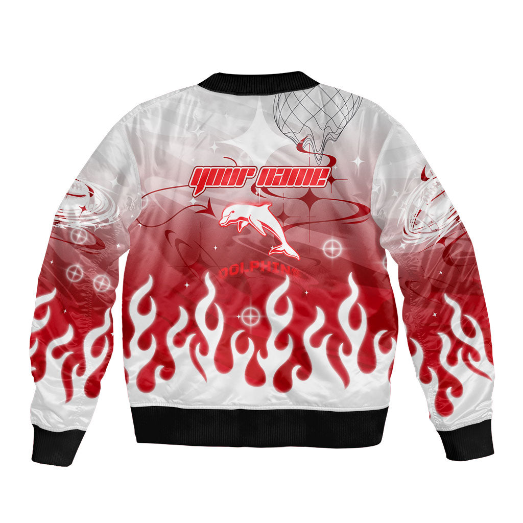Personalized Dolphins Bomber Jacket Y2K Grunge Aesthetic With Cyber Flames and Starburst Graphics