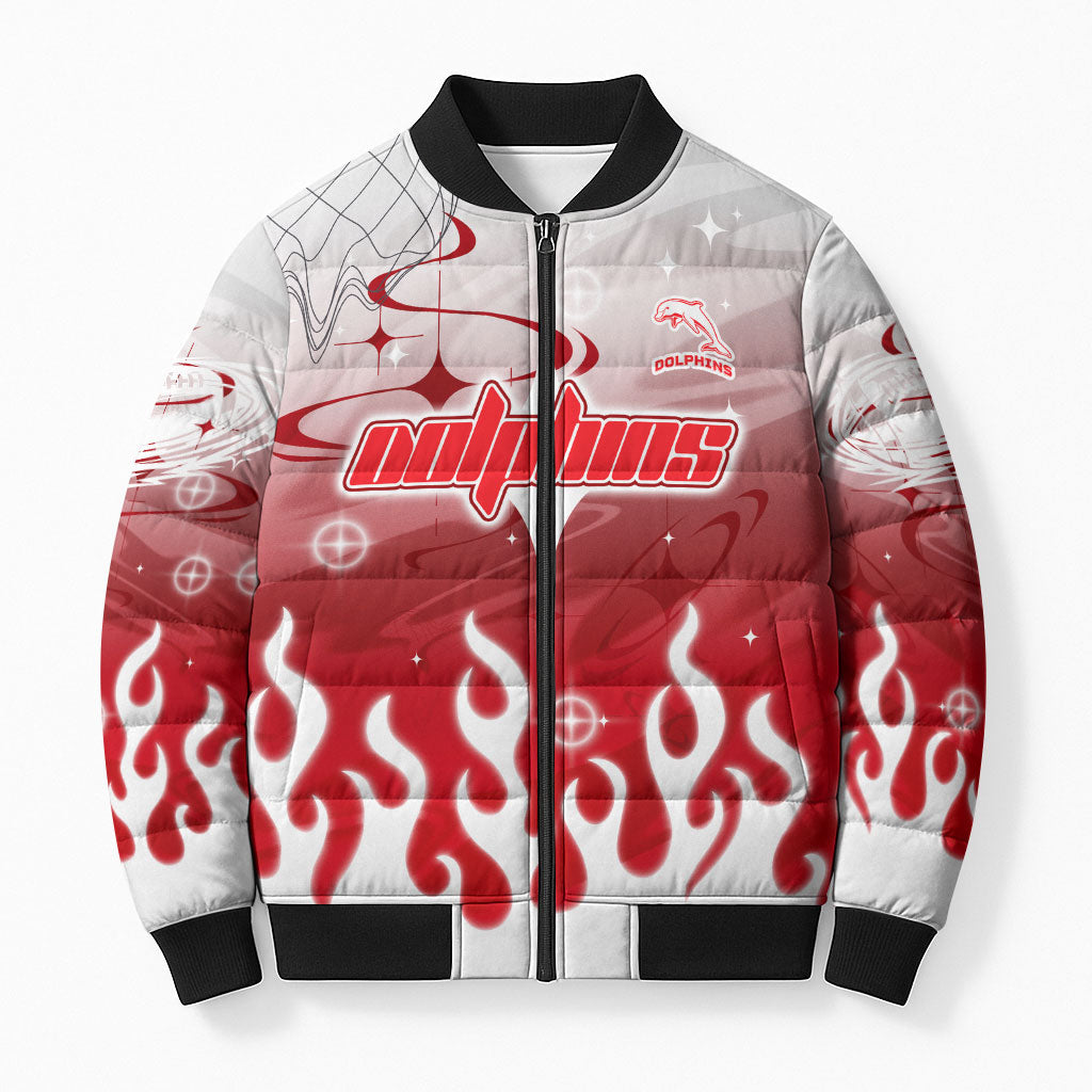 Personalized Dolphins Bomber Puffer Jacket Y2K Grunge Aesthetic With Cyber Flames and Starburst Graphics