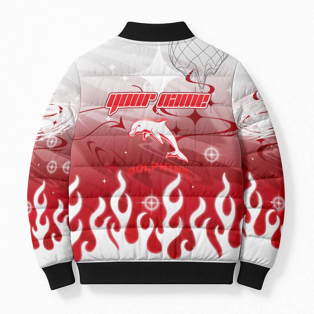 Personalized Dolphins Bomber Puffer Jacket Y2K Grunge Aesthetic With Cyber Flames and Starburst Graphics