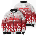 Personalized Dolphins Bomber Puffer Jacket Y2K Grunge Aesthetic With Cyber Flames and Starburst Graphics