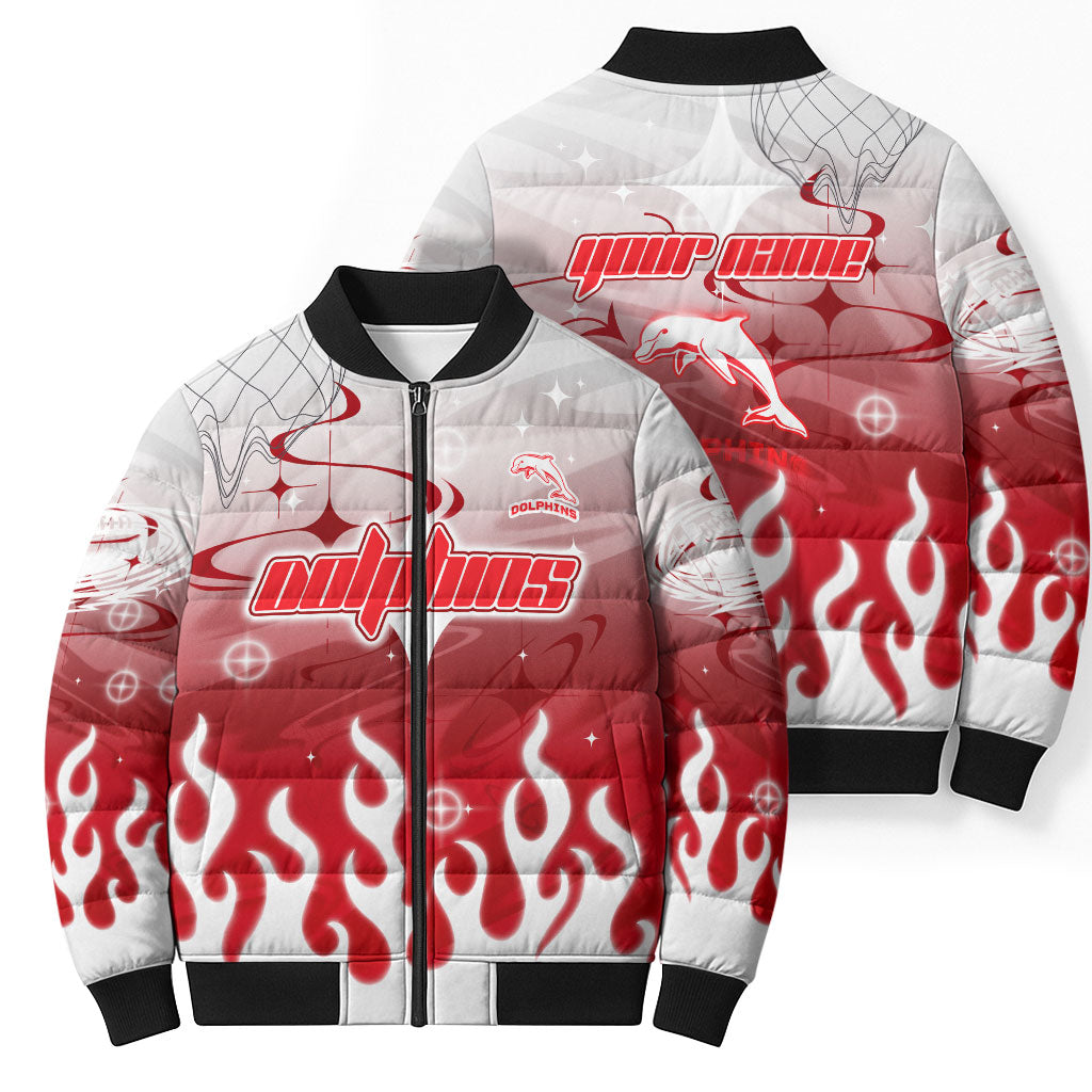 Personalized Dolphins Bomber Puffer Jacket Y2K Grunge Aesthetic With Cyber Flames and Starburst Graphics