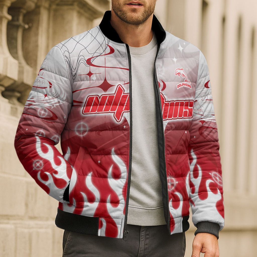 Personalized Dolphins Bomber Puffer Jacket Y2K Grunge Aesthetic With Cyber Flames and Starburst Graphics