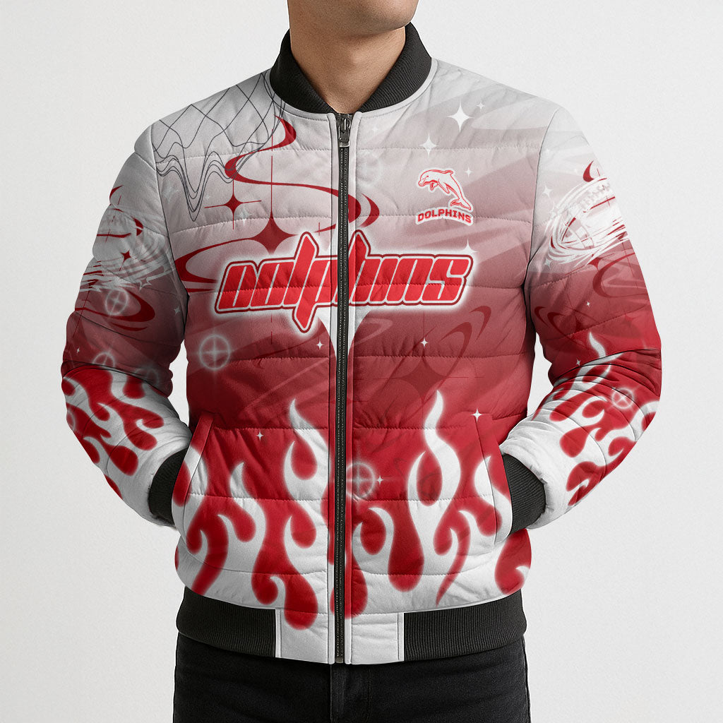 Personalized Dolphins Bomber Puffer Jacket Y2K Grunge Aesthetic With Cyber Flames and Starburst Graphics