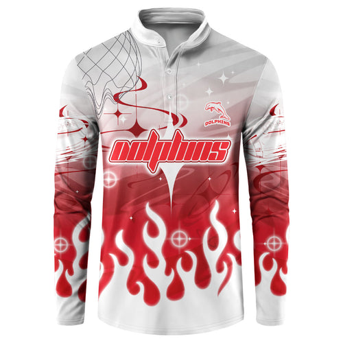 Personalized Dolphins Button Sweatshirt Y2K Grunge Aesthetic With Cyber Flames and Starburst Graphics