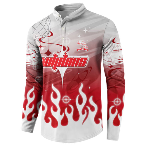Personalized Dolphins Button Sweatshirt Y2K Grunge Aesthetic With Cyber Flames and Starburst Graphics
