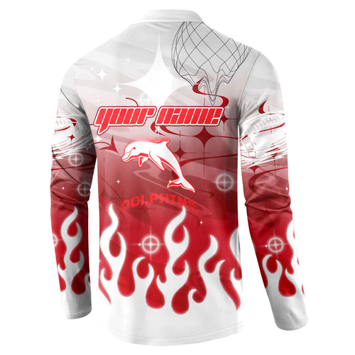 Personalized Dolphins Button Sweatshirt Y2K Grunge Aesthetic With Cyber Flames and Starburst Graphics