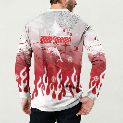 Personalized Dolphins Button Sweatshirt Y2K Grunge Aesthetic With Cyber Flames and Starburst Graphics