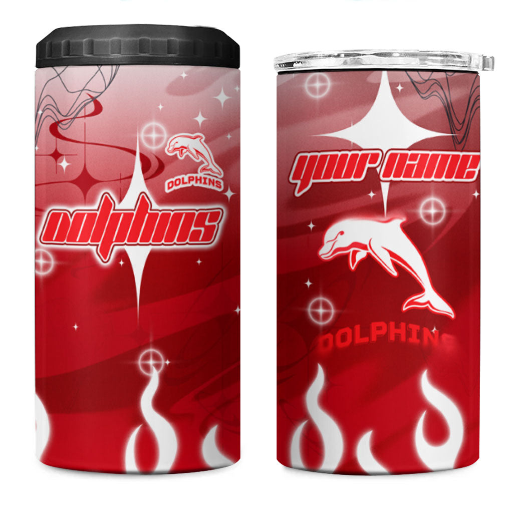 Personalized Dolphins 4 in 1 Can Cooler Tumbler Y2K Grunge Aesthetic With Cyber Flames and Starburst Graphics