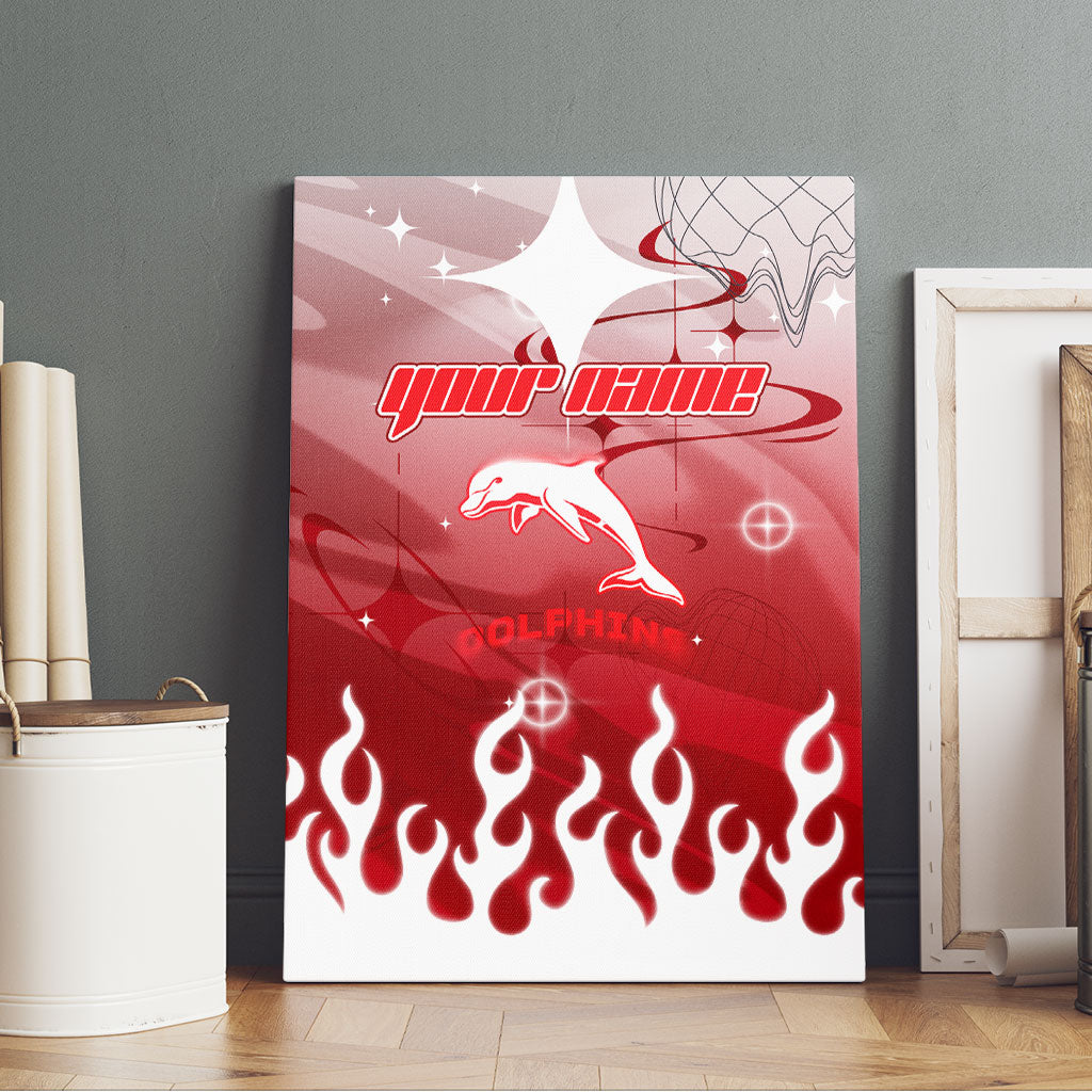 Personalized Dolphins Canvas Wall Art Y2K Grunge Aesthetic With Cyber Flames and Starburst Graphics