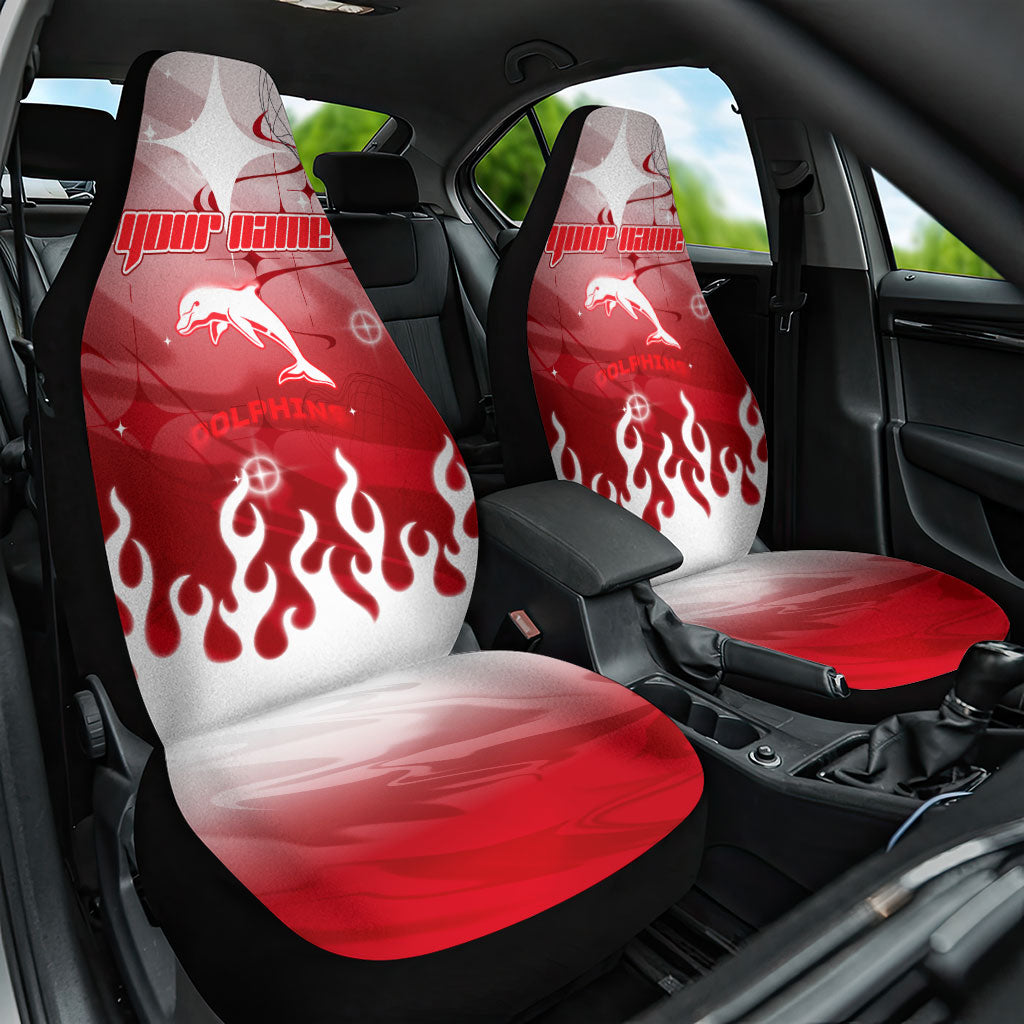 Personalized Dolphins Car Seat Cover Y2K Grunge Aesthetic With Cyber Flames and Starburst Graphics