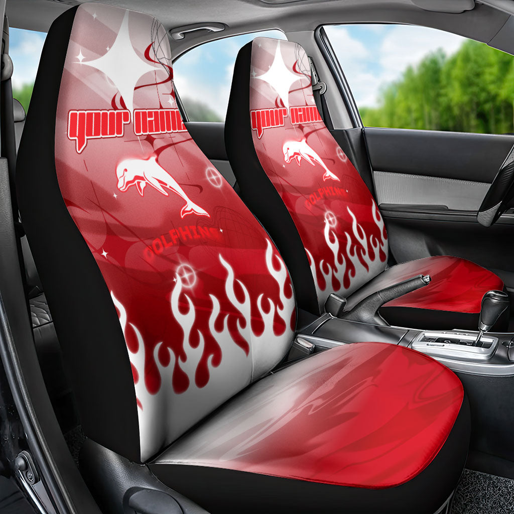 Personalized Dolphins Car Seat Cover Y2K Grunge Aesthetic With Cyber Flames and Starburst Graphics