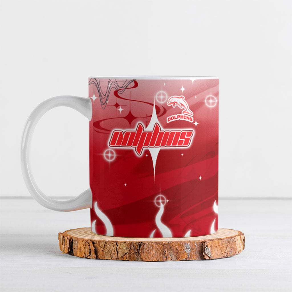 Personalized Dolphins Ceramic Mug Y2K Grunge Aesthetic With Cyber Flames and Starburst Graphics