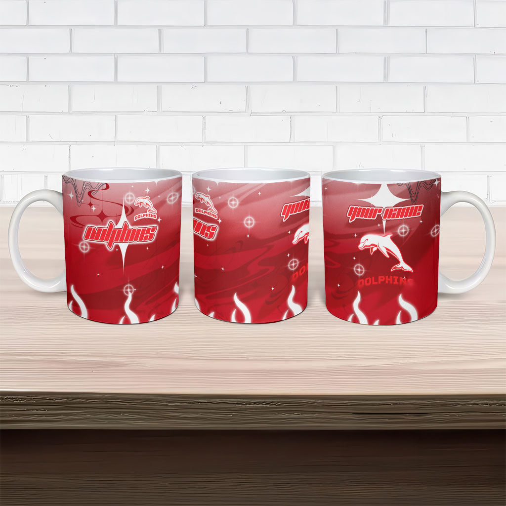 Personalized Dolphins Ceramic Mug Y2K Grunge Aesthetic With Cyber Flames and Starburst Graphics