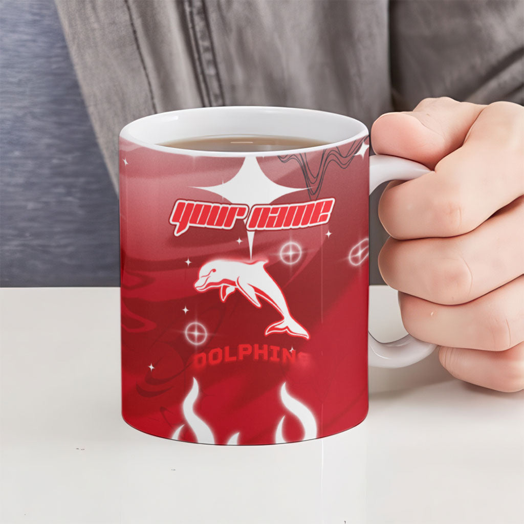 Personalized Dolphins Ceramic Mug Y2K Grunge Aesthetic With Cyber Flames and Starburst Graphics