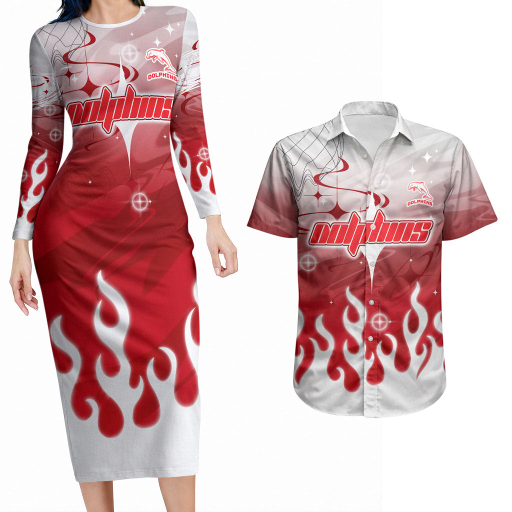 Personalized Dolphins Couples Matching Long Sleeve Bodycon Dress and Hawaiian Shirt Y2K Grunge Aesthetic With Cyber Flames and Starburst Graphics