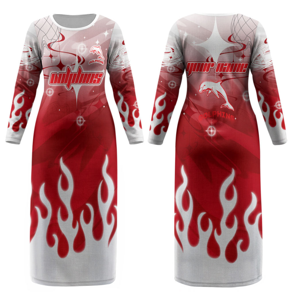 Personalized Dolphins Couples Matching Long Sleeve Bodycon Dress and Hawaiian Shirt Y2K Grunge Aesthetic With Cyber Flames and Starburst Graphics