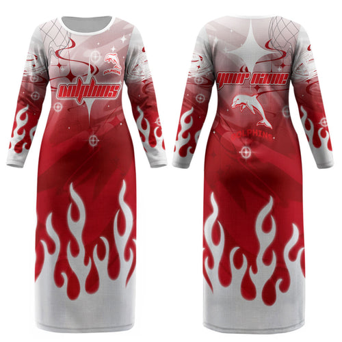 Personalized Dolphins Couples Matching Long Sleeve Bodycon Dress and Hawaiian Shirt Y2K Grunge Aesthetic With Cyber Flames and Starburst Graphics
