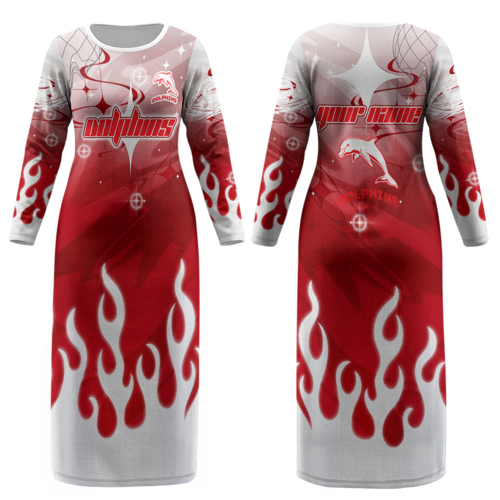 Personalized Dolphins Couples Matching Long Sleeve Bodycon Dress and Long Sleeve Button Shirt Y2K Grunge Aesthetic With Cyber Flames and Starburst Graphics