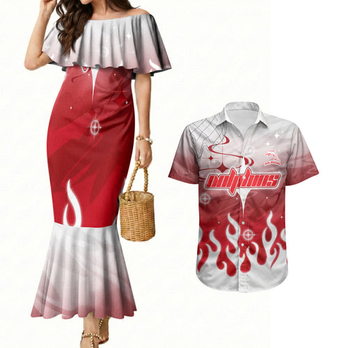 Personalized Dolphins Couples Matching Mermaid Dress and Hawaiian Shirt Y2K Grunge Aesthetic With Cyber Flames and Starburst Graphics