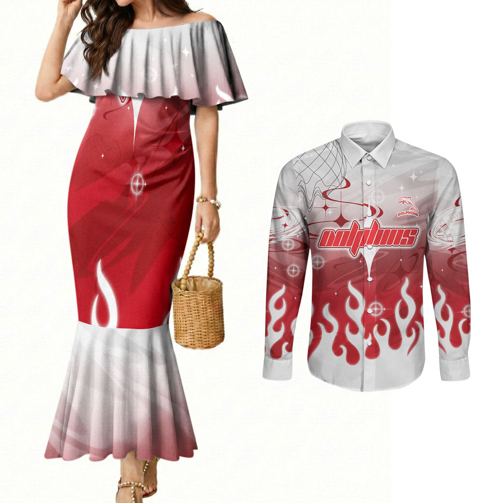 Personalized Dolphins Couples Matching Mermaid Dress and Long Sleeve Button Shirt Y2K Grunge Aesthetic With Cyber Flames and Starburst Graphics
