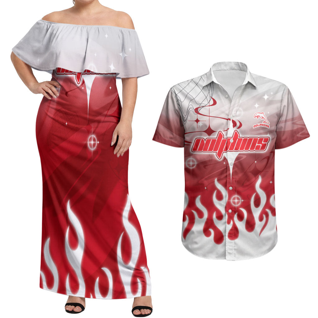 Personalized Dolphins Couples Matching Off Shoulder Maxi Dress and Hawaiian Shirt Y2K Grunge Aesthetic With Cyber Flames and Starburst Graphics