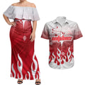 Personalized Dolphins Couples Matching Off Shoulder Maxi Dress and Hawaiian Shirt Y2K Grunge Aesthetic With Cyber Flames and Starburst Graphics
