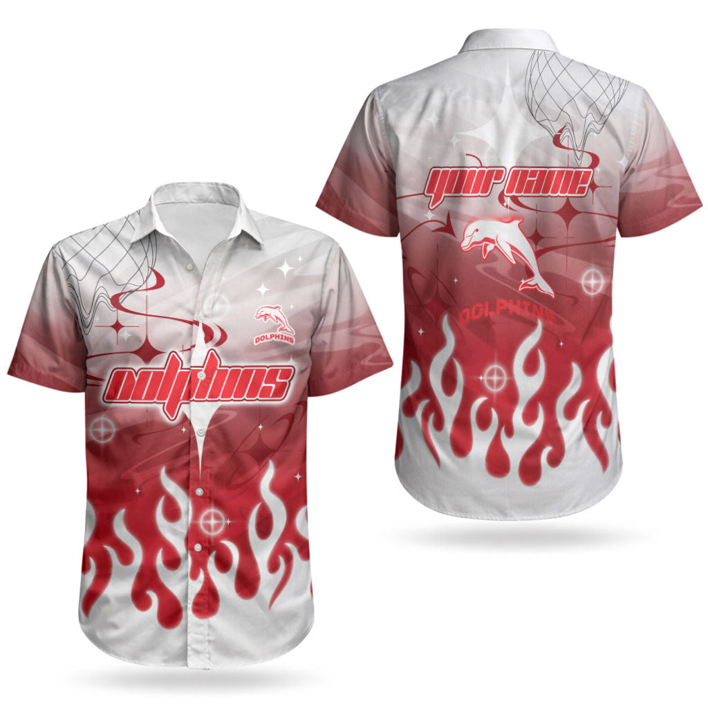 Personalized Dolphins Couples Matching Off Shoulder Maxi Dress and Hawaiian Shirt Y2K Grunge Aesthetic With Cyber Flames and Starburst Graphics