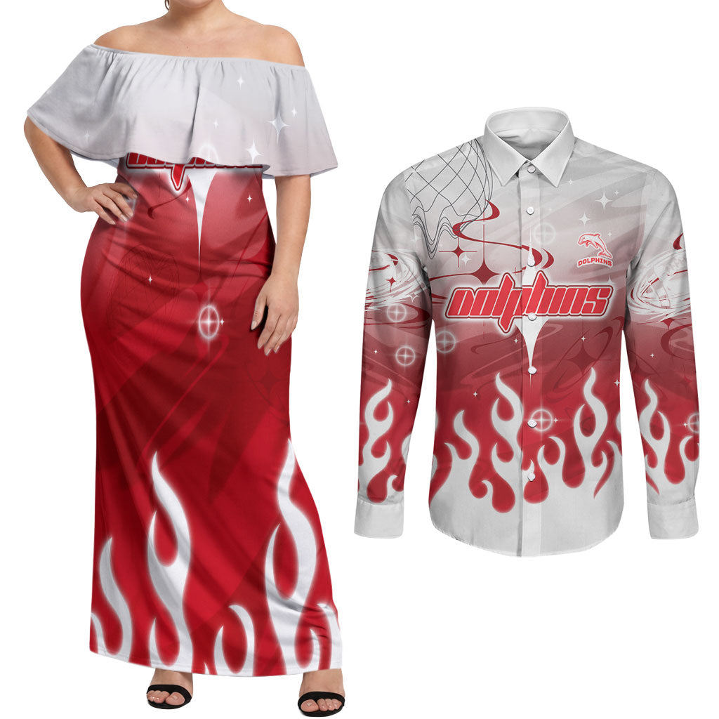 Personalized Dolphins Couples Matching Off Shoulder Maxi Dress and Long Sleeve Button Shirt Y2K Grunge Aesthetic With Cyber Flames and Starburst Graphics