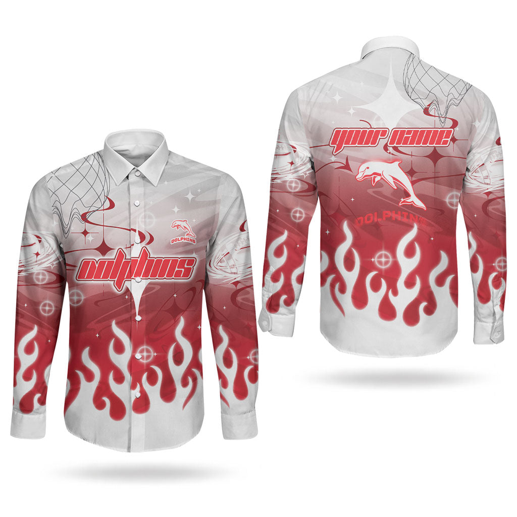 Personalized Dolphins Couples Matching Off Shoulder Maxi Dress and Long Sleeve Button Shirt Y2K Grunge Aesthetic With Cyber Flames and Starburst Graphics