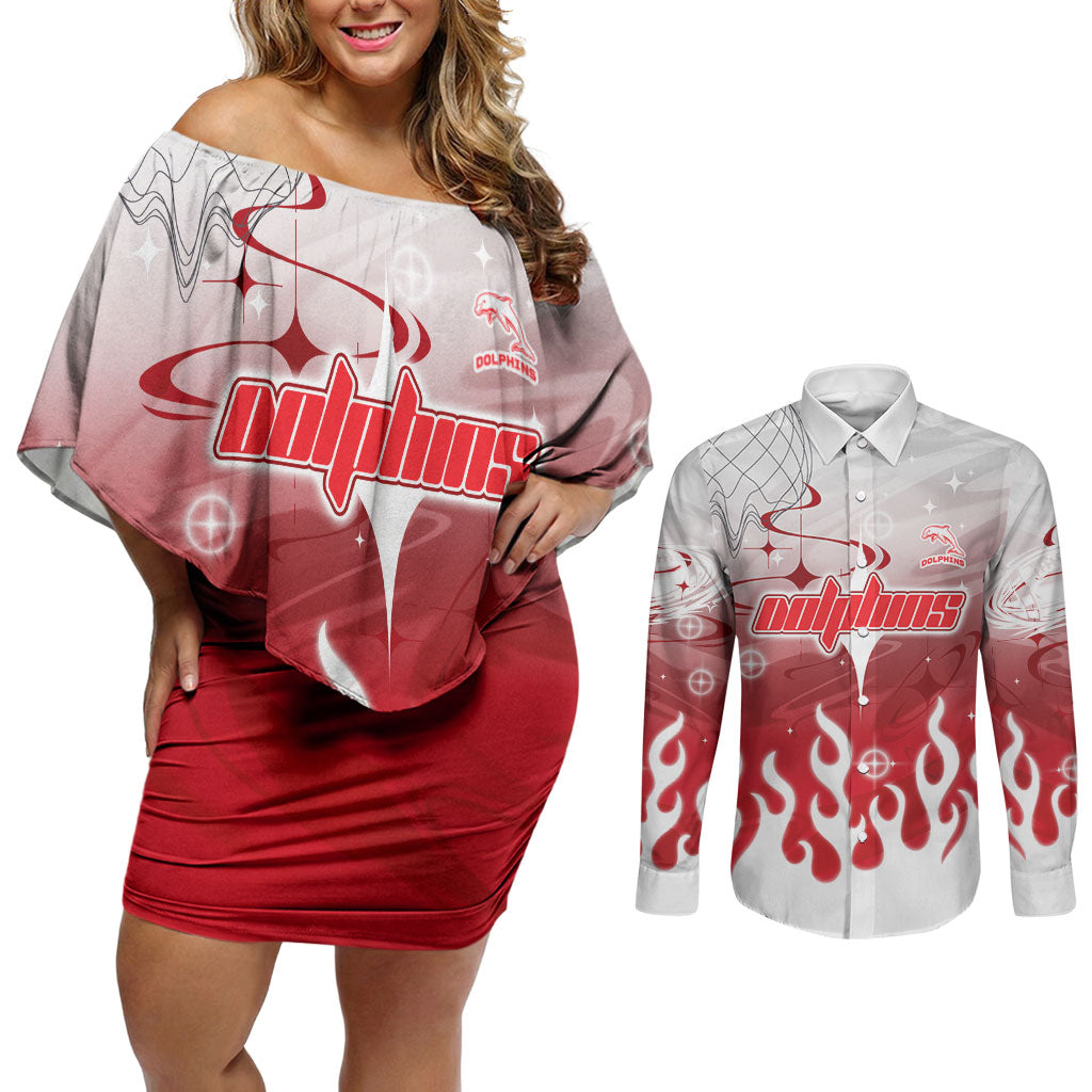 Personalized Dolphins Couples Matching Off Shoulder Short Dress and Long Sleeve Button Shirt Y2K Grunge Aesthetic With Cyber Flames and Starburst Graphics
