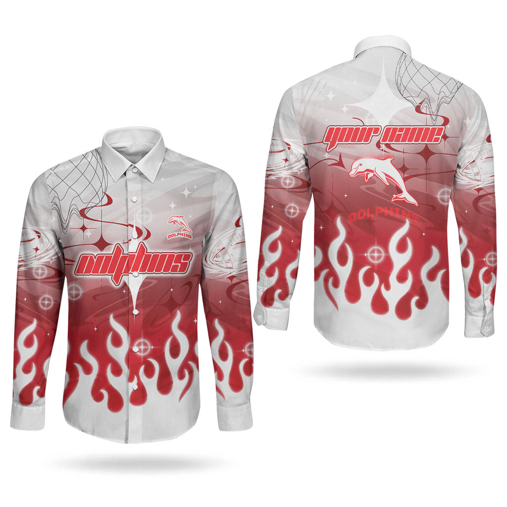 Personalized Dolphins Couples Matching Off Shoulder Short Dress and Long Sleeve Button Shirt Y2K Grunge Aesthetic With Cyber Flames and Starburst Graphics