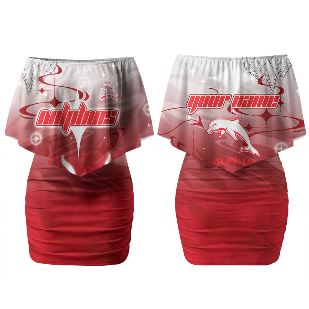 Personalized Dolphins Couples Matching Off Shoulder Short Dress and Long Sleeve Button Shirt Y2K Grunge Aesthetic With Cyber Flames and Starburst Graphics