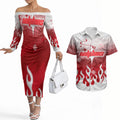 Personalized Dolphins Couples Matching Off The Shoulder Long Sleeve Dress and Hawaiian Shirt Y2K Grunge Aesthetic With Cyber Flames and Starburst Graphics