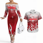 Personalized Dolphins Couples Matching Off The Shoulder Long Sleeve Dress and Hawaiian Shirt Y2K Grunge Aesthetic With Cyber Flames and Starburst Graphics