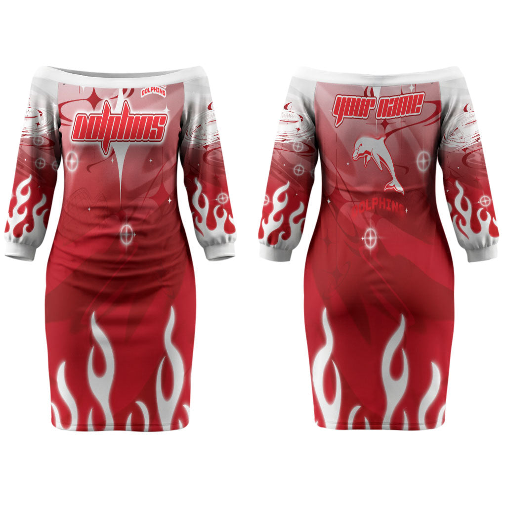 Personalized Dolphins Couples Matching Off The Shoulder Long Sleeve Dress and Hawaiian Shirt Y2K Grunge Aesthetic With Cyber Flames and Starburst Graphics