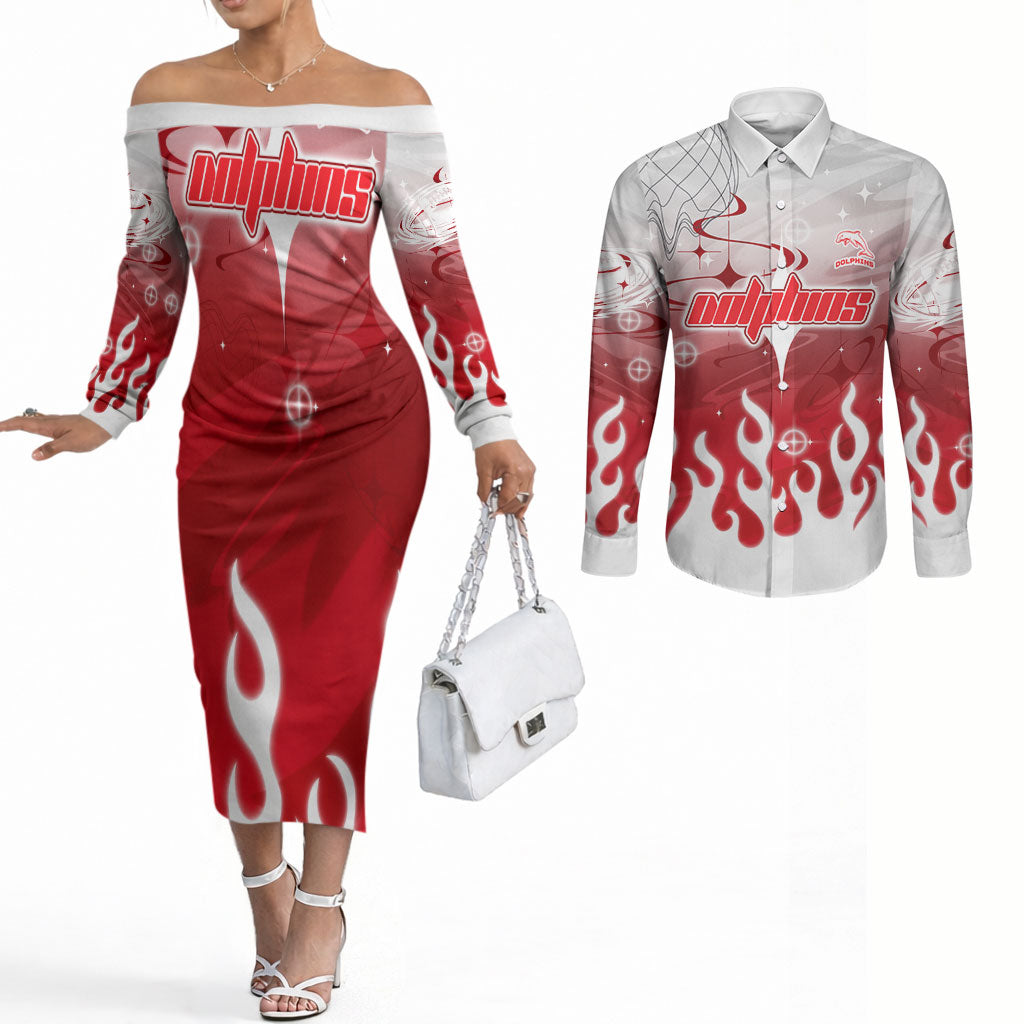 Personalized Dolphins Couples Matching Off The Shoulder Long Sleeve Dress and Long Sleeve Button Shirt Y2K Grunge Aesthetic With Cyber Flames and Starburst Graphics