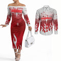 Personalized Dolphins Couples Matching Off The Shoulder Long Sleeve Dress and Long Sleeve Button Shirt Y2K Grunge Aesthetic With Cyber Flames and Starburst Graphics