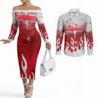 Personalized Dolphins Couples Matching Off The Shoulder Long Sleeve Dress and Long Sleeve Button Shirt Y2K Grunge Aesthetic With Cyber Flames and Starburst Graphics