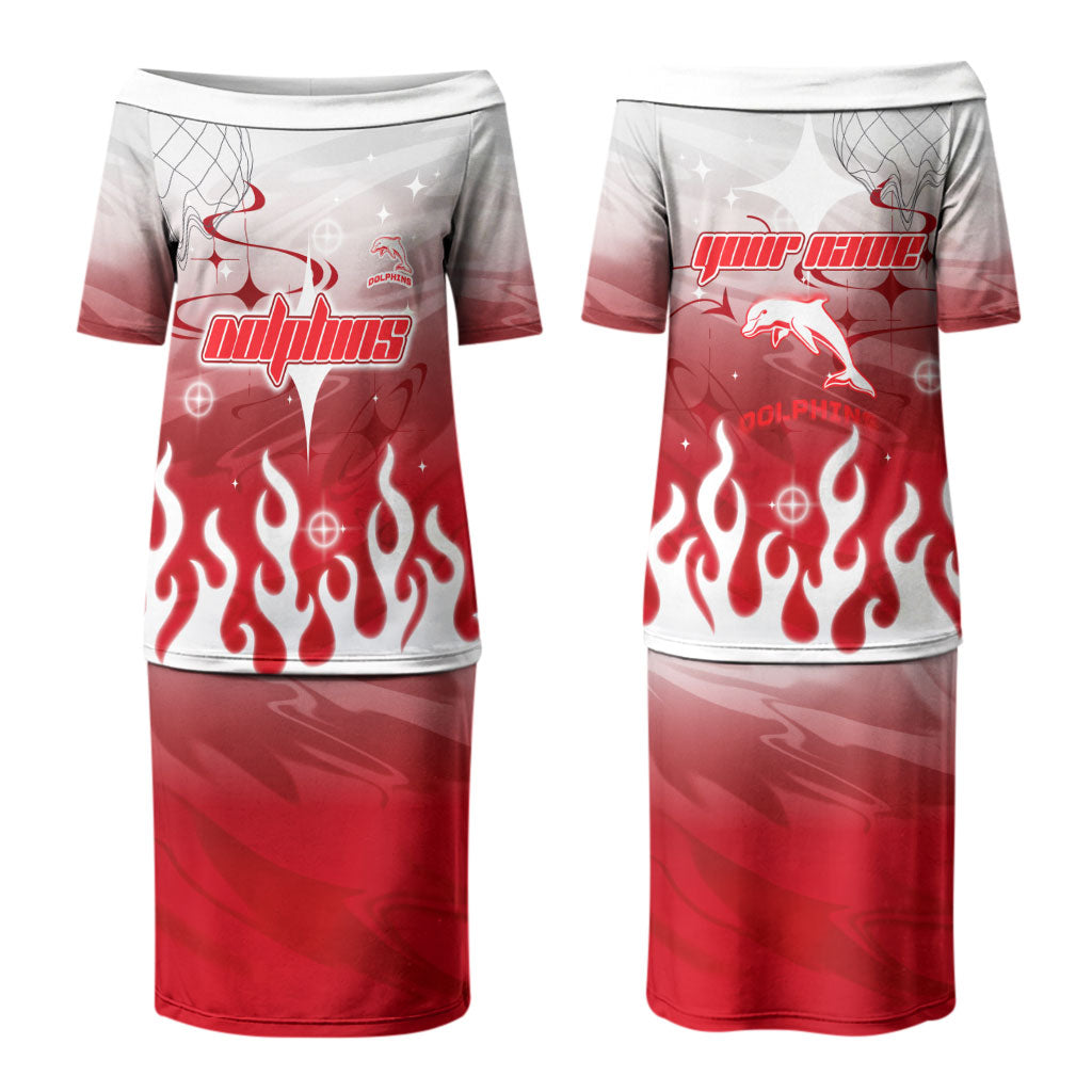 Personalized Dolphins Couples Matching Puletasi and Long Sleeve Button Shirt Y2K Grunge Aesthetic With Cyber Flames and Starburst Graphics
