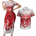Personalized Dolphins Couples Matching Short Sleeve Bodycon Dress and Hawaiian Shirt Y2K Grunge Aesthetic With Cyber Flames and Starburst Graphics