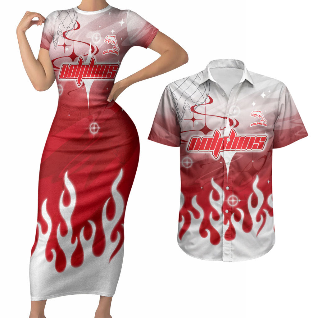 Personalized Dolphins Couples Matching Short Sleeve Bodycon Dress and Hawaiian Shirt Y2K Grunge Aesthetic With Cyber Flames and Starburst Graphics